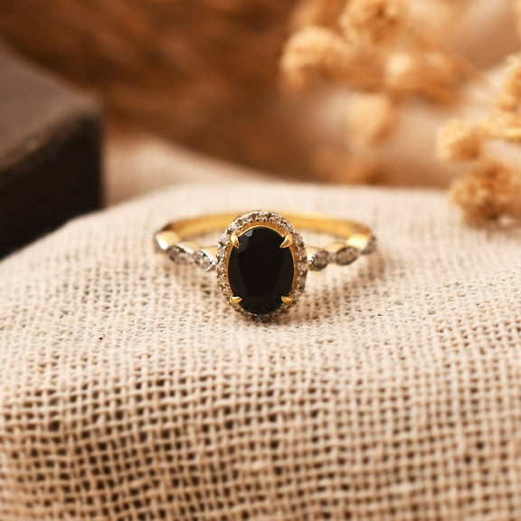 Oval cut Black onyx engagement ring Unique gold engagement ring woman Antique Diamond wedding ring Bridal Promise Anniversary ring