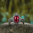 thumbnail image 1 of Oval cut Red Ruby & Black Diamond Wedding Ring Set in 14k Black Gold Vermeil - Gothic Halo Engagement Ring Set - July Birthstone, 1 of 6