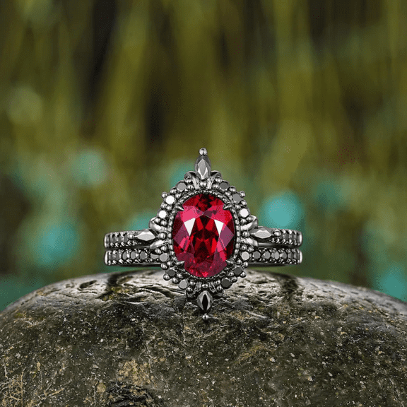 Oval cut Red Ruby & Black Diamond Wedding Ring Set in 14k Black Gold Vermeil - Gothic Halo Engagement Ring Set - July Birthstone