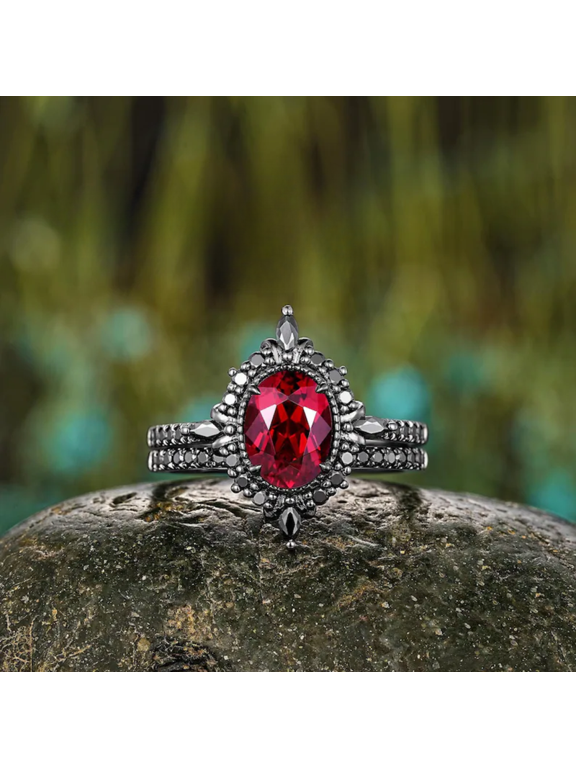 Oval cut Red Ruby & Black Diamond Wedding Ring Set in 14k Black Gold Vermeil - Gothic Halo Engagement Ring Set - July Birthstone