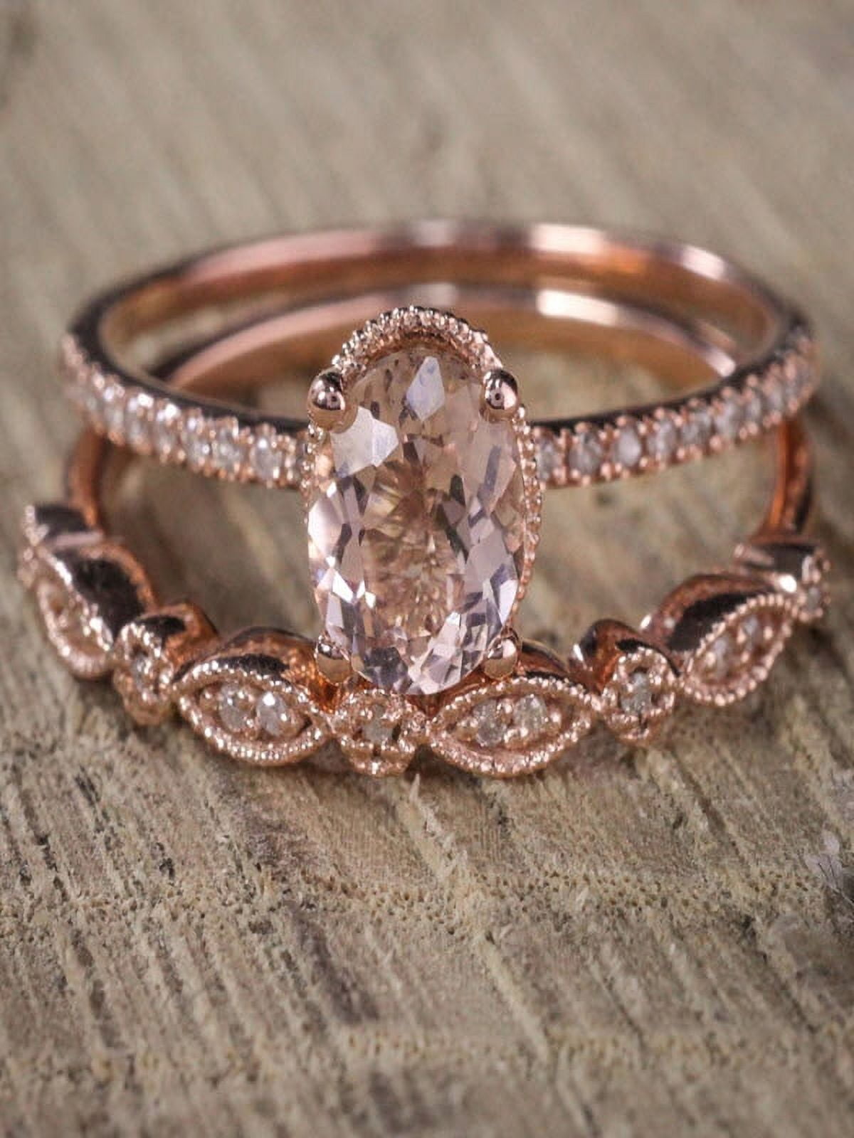 Oval cut Solitaire Morganite & Diamond Halo Bridal Wedding Set on Sale Oval cut Solitaire Morganite & Diamond Halo Bridal Wedding Set on Sale