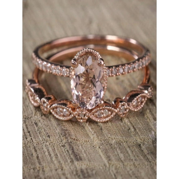 Oval cut Solitaire Morganite & Diamond Halo Bridal Wedding Set on Sale: 1.50 Carat Morganite Solitaire Bridal Ring Set Rose Gold Cheap Sale