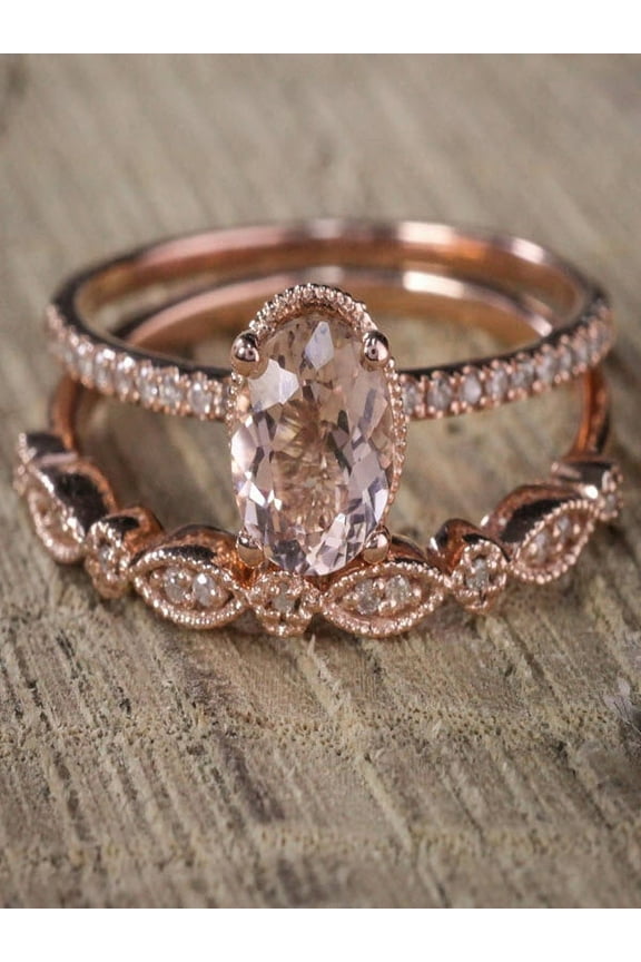 Oval cut Solitaire Morganite & Diamond Halo Bridal Wedding Set on Sale: 1.50 Carat Morganite Solitaire Bridal Ring Set Rose Gold Cheap Sale