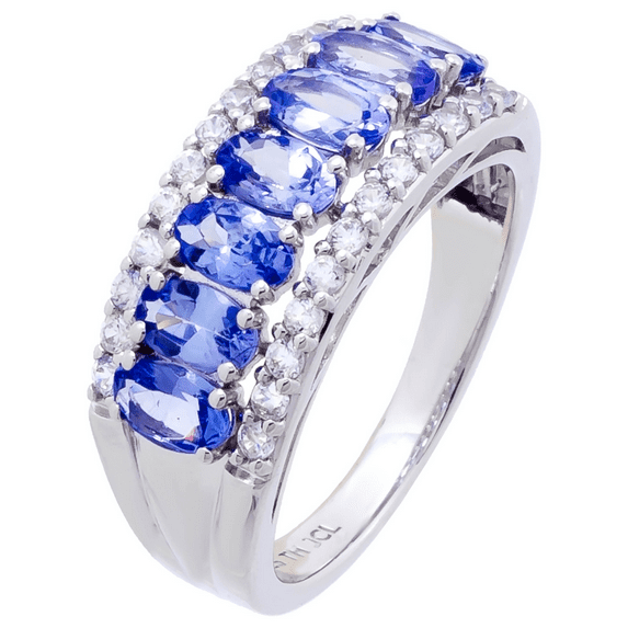 Oval-cut Tanzanite Gemstone Band Ring, Rhodium Plated on 925 Sterling Silver