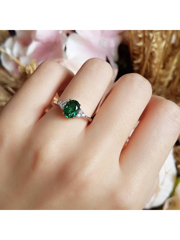 Oval emerald ring, 2 Carats 6*8 mm Oval Cut Three Stone Style Emerald Engagement Ring,