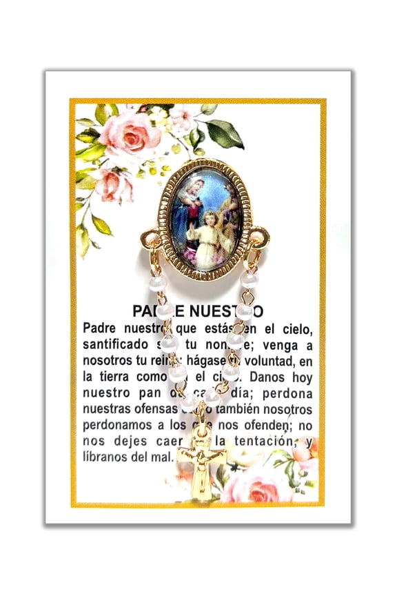 Oval lapel pin with religious images and decade included