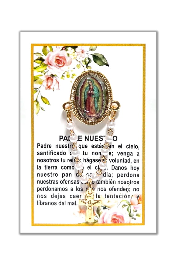 Oval lapel pin with religious images and decade included