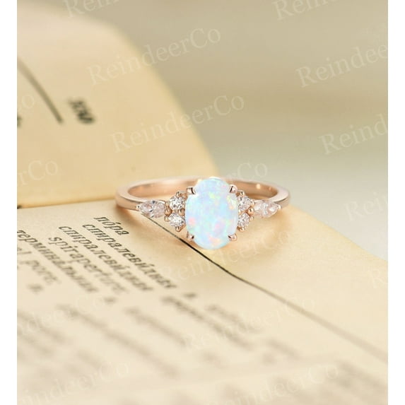 Oval natural opal engagement ring | Vintage Rose gold wedding ring