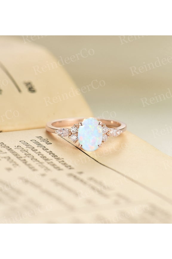 Oval natural opal engagement ring | Vintage Rose gold wedding ring