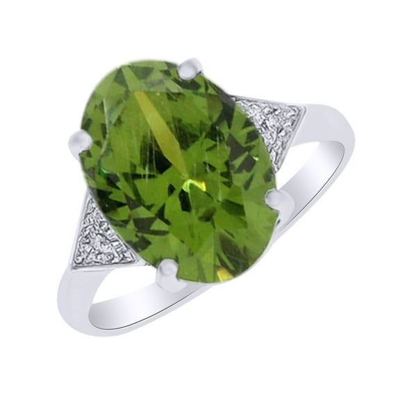AFFY Oval shape Simulated Green Peridot & Round White Natural Diamond in 14k White Gold Over Sterling Silver Ring Size - 5.5
