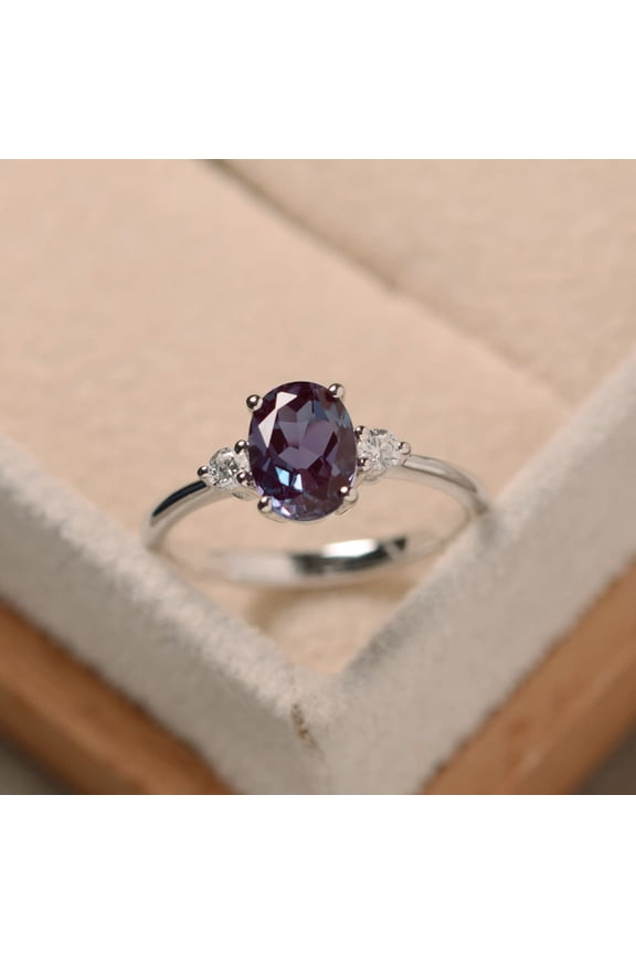 Oval shaped color changing stone,alexandrite anniversary ring, sterling silver, June birthstone ring