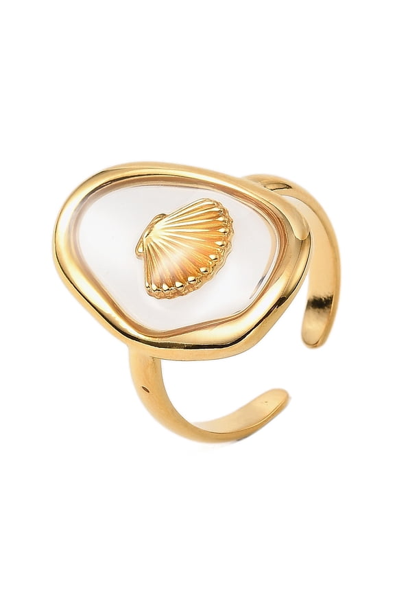 Oval with Shell Shape Resin Finger Rings 304 Stainless Steel Open Cuff Rings for Women Golden 22.5mm Adjustable 2pcs