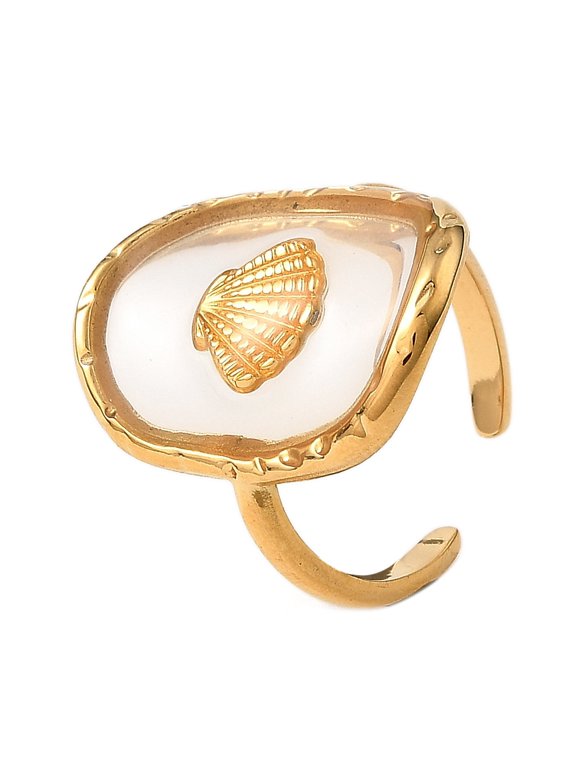 Oval with Shell Shape Resin Finger Rings 304 Stainless Steel Open Cuff Rings for Women Golden 22.5mm Adjustable diy