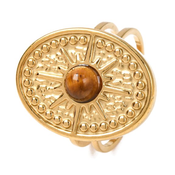 Oval with Sun Natural Tiger Eye Finger Rings Golden Tone 304 Stainless Steel Open Cuff Rings for Women 21x16mm Size 6(16.5mm)