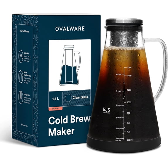 Ovalware Cold Brew Iced Coffee/Tea Maker 1.5L/51oz New RJ3 Clear Glass Carafe Removable Filter