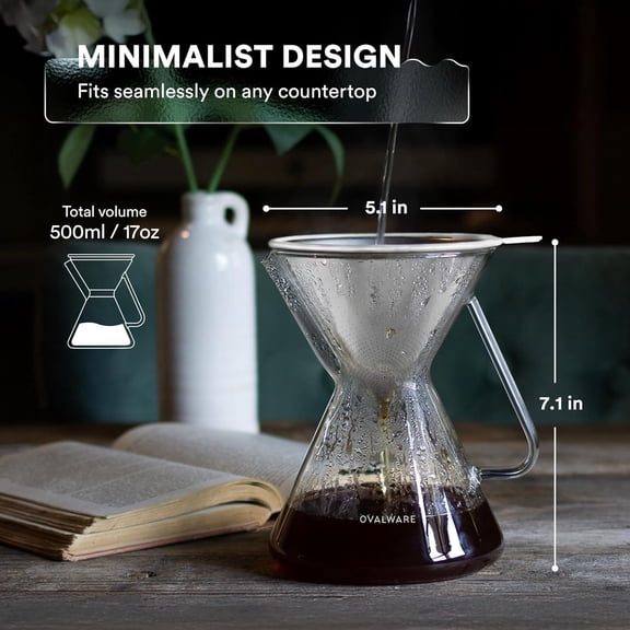 Ovalware Pour Over Coffee Maker Set | 17oz Borosilicate Carafe with 304 Stainless Steel Filter and Precision Measuring Cup | Glass Coffee Dripper for Home Brewing