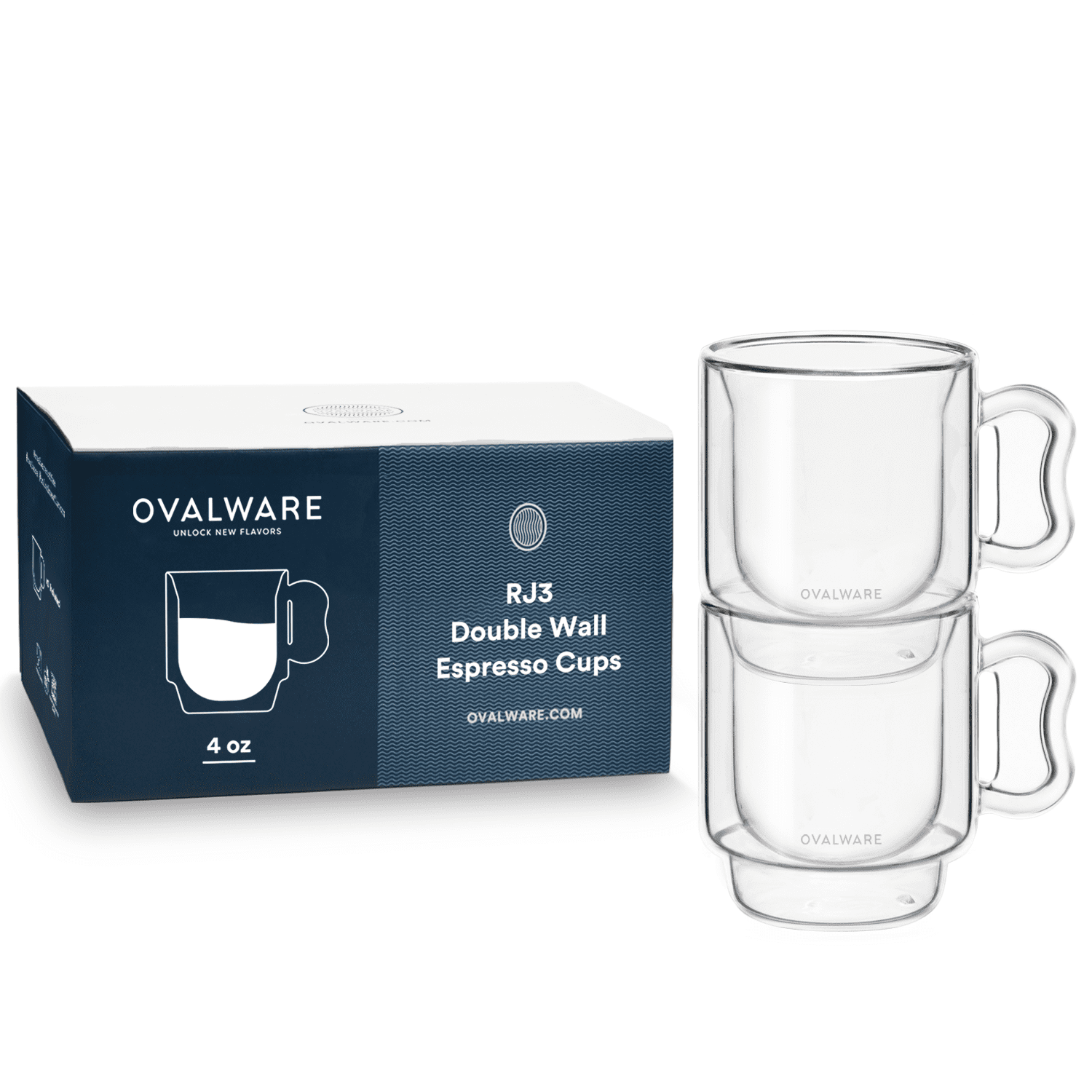 Ovalware RJ3 Double-Walled Espresso Coffee Set of 2 Clear Borosilicate Glass Cups 4oz/120ml