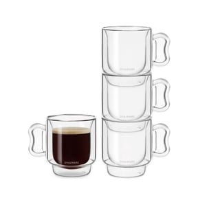 Ovalware RJ3 Espresso Coffee Clear Double Walled Set of 4 Glass Cups 4oz/120ml Butterfly Handle