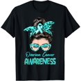 thumbnail image 1 of Ovarian Cancer Awareness Messy Bun Teal ribbon T-Shirt, 1 of 3