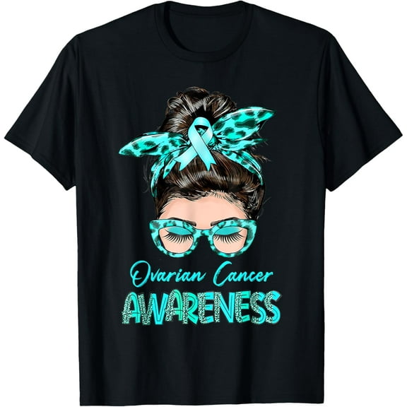 Ovarian Cancer Awareness Messy Bun Teal ribbon T-Shirt