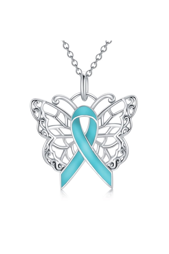 Ovarian Cancer Awareness Necklace Teal Ribbon Necklace Ovarian Cancer Survivor Gift Jewelry for Women(Butterfly)