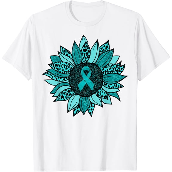 Ovarian Cancer Awareness Sunflower Teal Ribbon Leopard T-Shirt