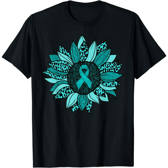 Ovarian Cancer Awareness Sunflower Teal Ribbon Leopard T-Shirt