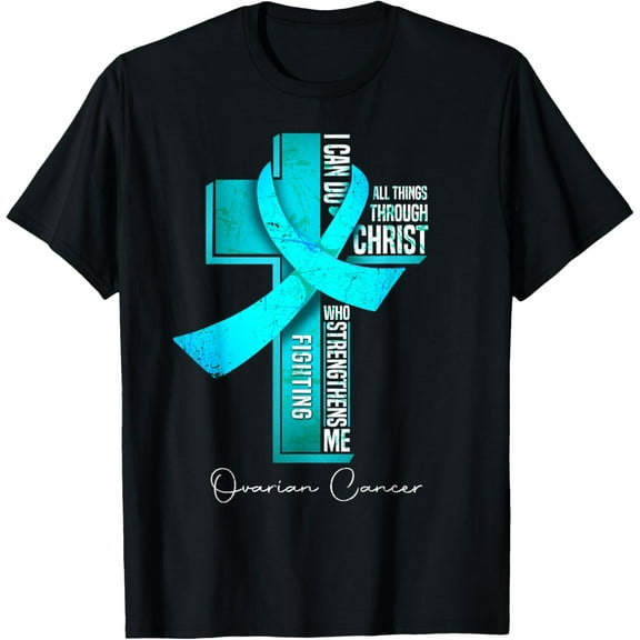 Ovarian Cancer Awareness Teal Ribbon Christian Cross T-Shirt