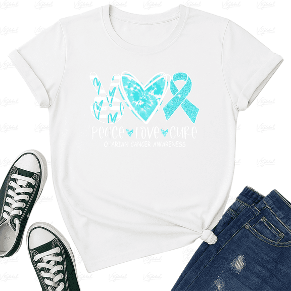 Ovarian Cancer Awareness Teal Ribbon Peace Love Cure Style Unisex T-Shirt V70633, up to size 5XL