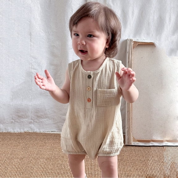 Ovbmpzd Baby Girl Romper Bubble Sleeveless Beige Soft Solid Buttons One-Pieces Bodysuit Baby Overalls Boy 3 Months