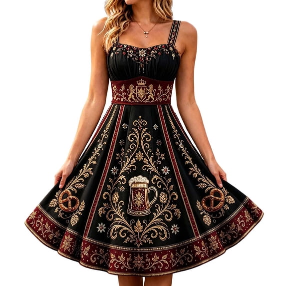 Ovbmpzd Bavarian Womens Summer Dresses Oktoberfest Black Midi Dirndl Plus Size Sleeveless A-Line Dresses,S