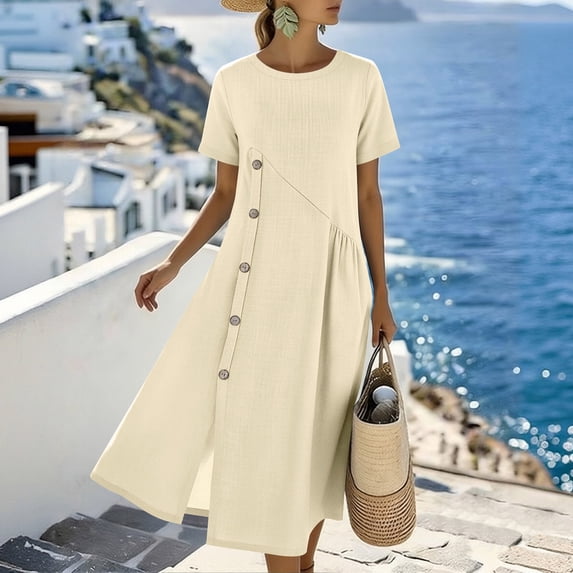 Ovbmpzd Beige Casual Summer Dresses for Women Loose Fitting Linen Shift Crew Neck Smocked Tea-Length Womens Dresses,M
