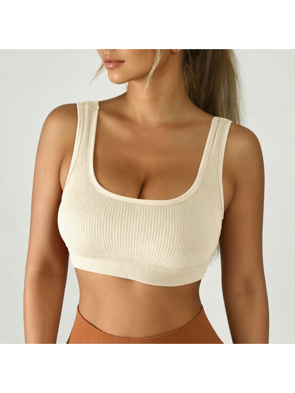 Beige Everyday Sports Bras for Women Removable Cups High Impact Ribbed Cami Bras Quick-Dry Yoga Running Active Bras,M