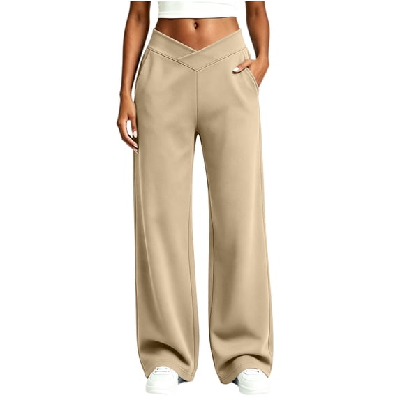 Ovbmpzd Beige Pants Yoga Wide-Leg High Wasited Active Loose Leggings Tummy Control Casual Leggings With Pockets,S