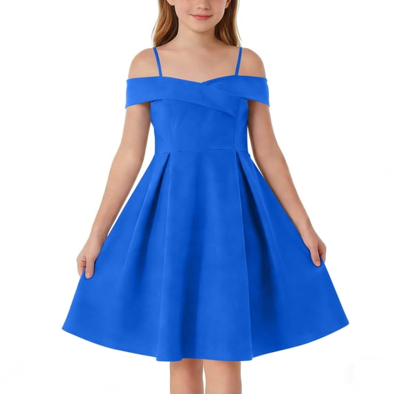 Ovbmpzd Big Girls Dresses Formal Off The Shoulder Blue Party Dresses Midi A-Line Pocketed Dresses,8-9 Years