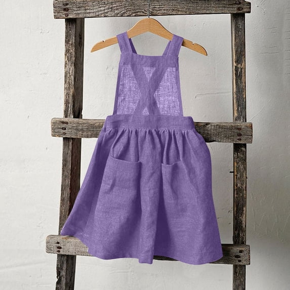 Ovbmpzd Big Girls Dresses Purple Linen Layering Jumper Dresses Cross Back Straps Casual Dresses,7 Years