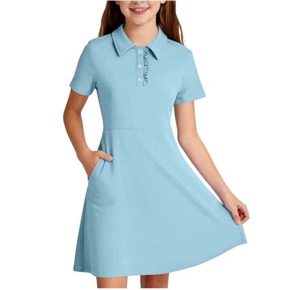 Ovbmpzd Big Girls Dresses School Light Blue Clean Fit Dresses Casual Comfortable Short Sleeves Dresses,9-10 Years