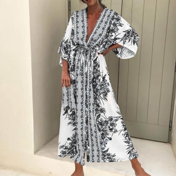 Ovbmpzd Black Fall Dresses for Women 3/4 Sleeves Maxi Floral Sexy Dresses Winter Loose V Neck Dresses