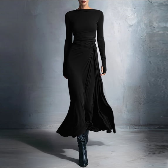 Ovbmpzd Black Fall Maxi Dresses for Women Long Sleeves Wedding Guest Elegant Sexy Bodycon Dresses Slim Crew Neck Causal Dresses