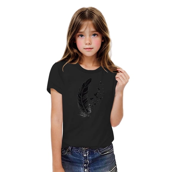 Ovbmpzd Black Tops for Girls Cotton Funny Feather Prints Oversized Graphic Tees Baby Tee Shirts Newborn Boys 9 Years
