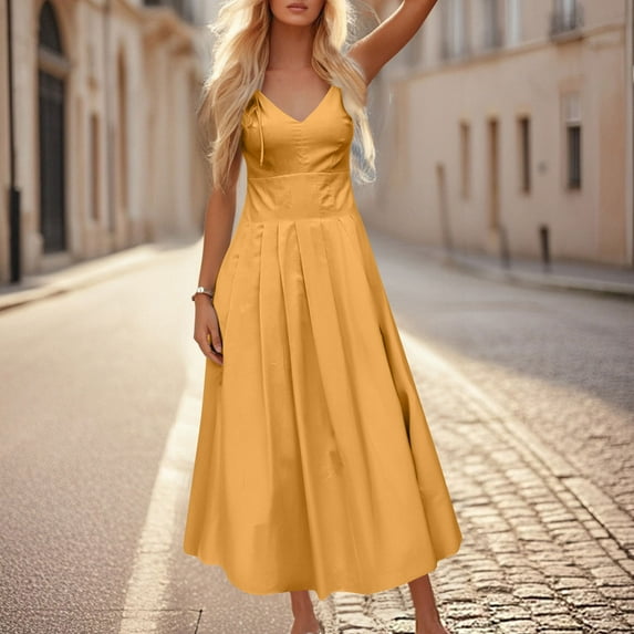 Ovbmpzd Business Dresses for Women Wedding Guest Maxi Sleeveless Yellow Dress V Neck Dresses Womens Sundress M