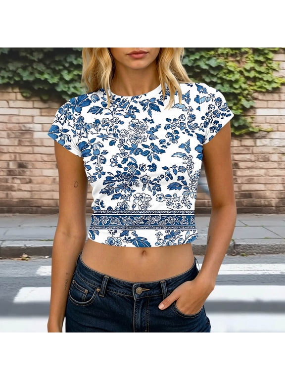 Casual Tops for Women Summer Trendy Light Blue Relaxed Fit Pull-On Crew Neck Casual T-Shirts Summer Tops for Women,S