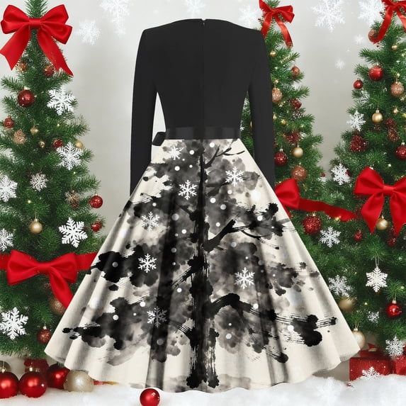 Ovbmpzd Christmas Dresses for Women Long Sleeves Printed Red Elegant Maxi A-Line Dresses Casual Zipper Crew Neck Dresses