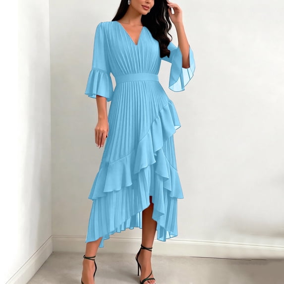 Ovbmpzd Cocktail Womens Dresses Summer Light Blue Maxi Bodycon Party Dresses Leisure V-Neck Elbow-Length Dresses Womens Dresses,S