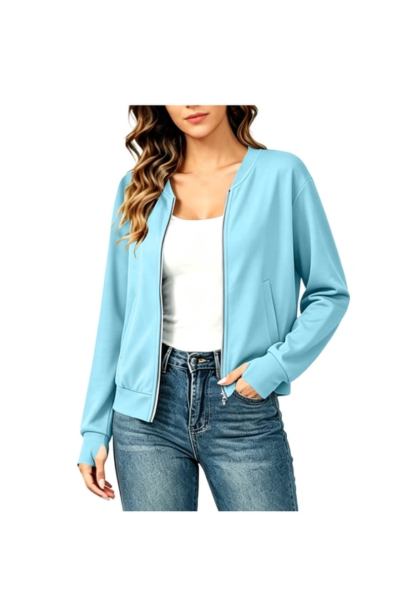 Cocoon Womens Tops Fall And Winter Light Blue Lightweight Zip Up Outerwear Jackets Regular Long Sleeve Outerwear Jackets Tops,L