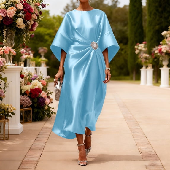 Ovbmpzd Coctail Dresses for Women 2026 Blue Midi Half Sleeve Satin Petite Dress Dresses Elegant Dresses for Women Formal XL
