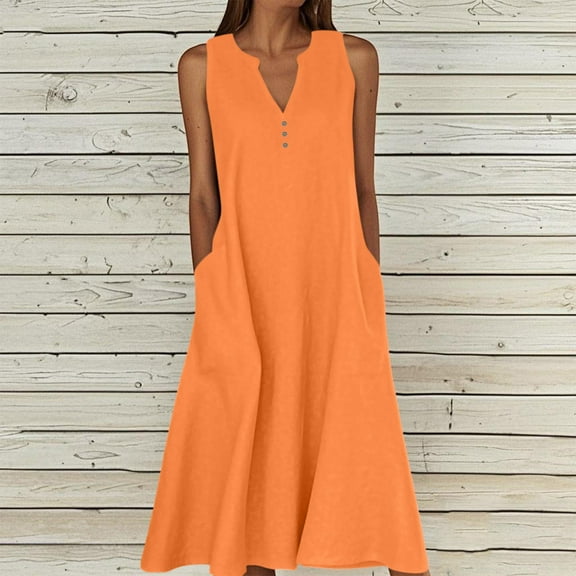 Ovbmpzd Coctail Dresses for Women 2026 Orange Sleeveless Cotton Linen Maxi Dress V Neck Dresses Retro Dresses for Women L