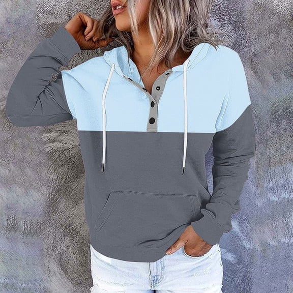 Ovbmpzd Color Block Pullover Sweatshirts for Women Button Up Comfy Henley Light Blue Hooded Pockets Sweatshirts Womens Tops