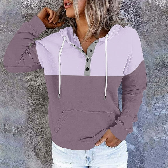 Ovbmpzd Comfy Fall Sweatshirt Henley Button Up Color Block Purple Hooded Pockets Sweatshirts Womens Casual Tops