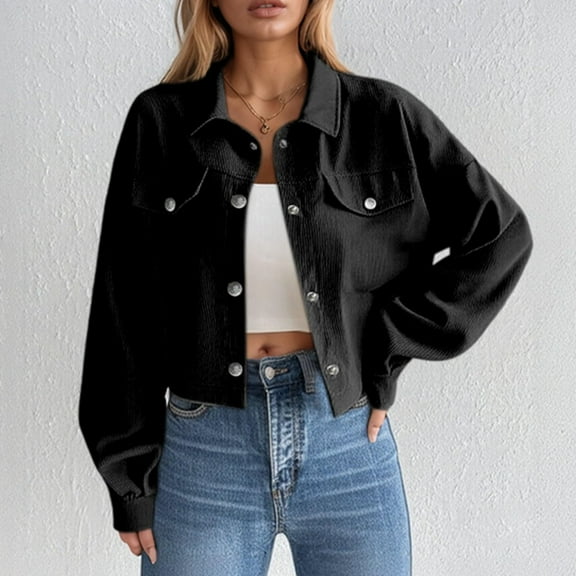 Ovbmpzd Corduroy Jackets for Women Trendy Casual Black Cropped Streetwear Long Sleeve Lapel Collar Jackets with Silver Button Women Coat L